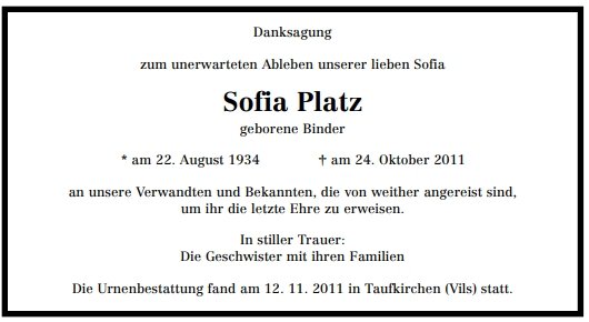 Binder Sofia 1934-2011 Todesanzeige